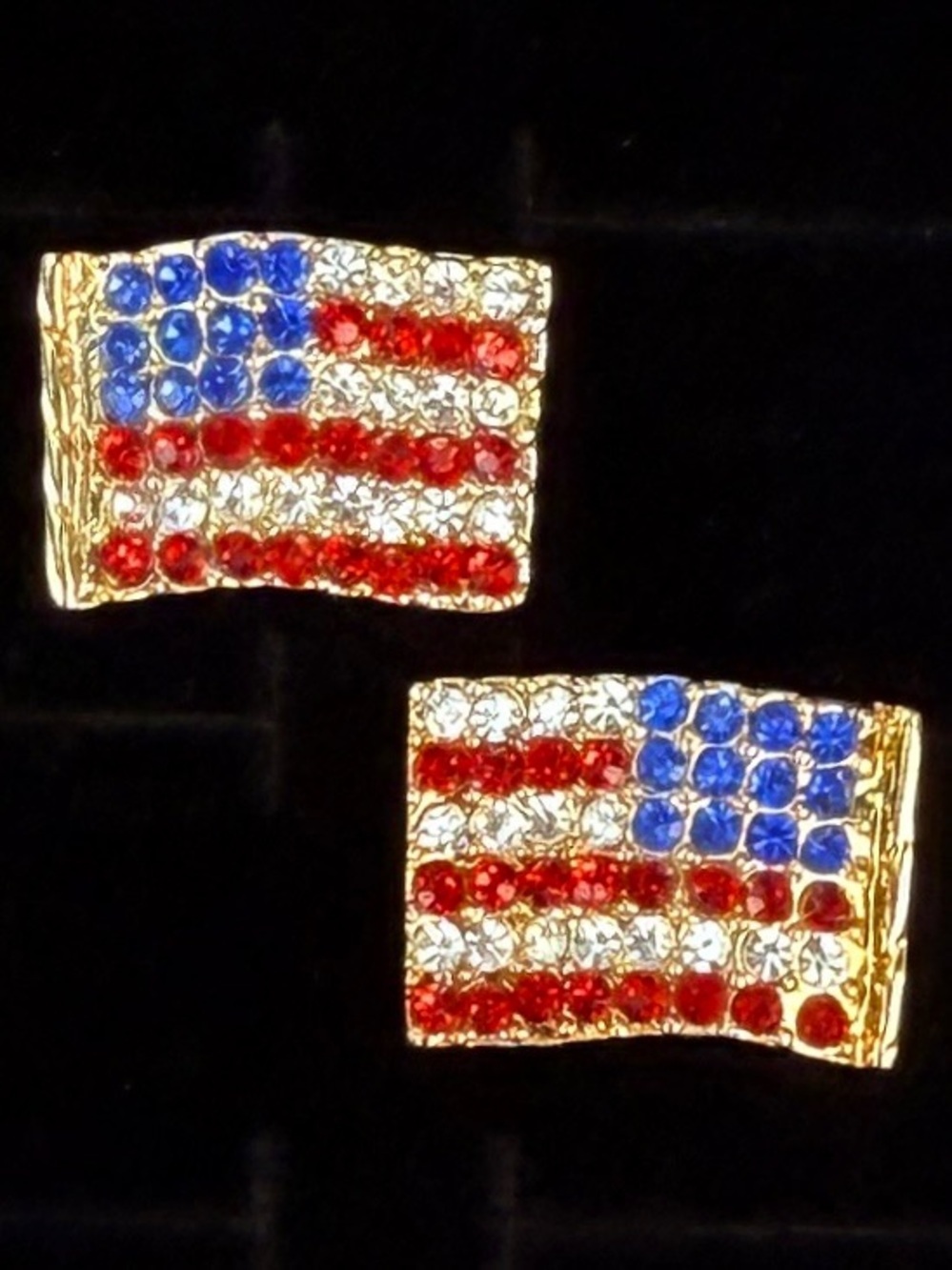 Vintage Goldtone red white blue bling American Flag Pierced Earrings
